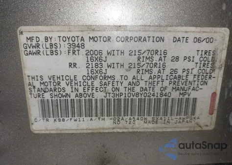 2000 Toyota Rav4 из США, поврежденный, VIN JT3HP10V8Y0241840